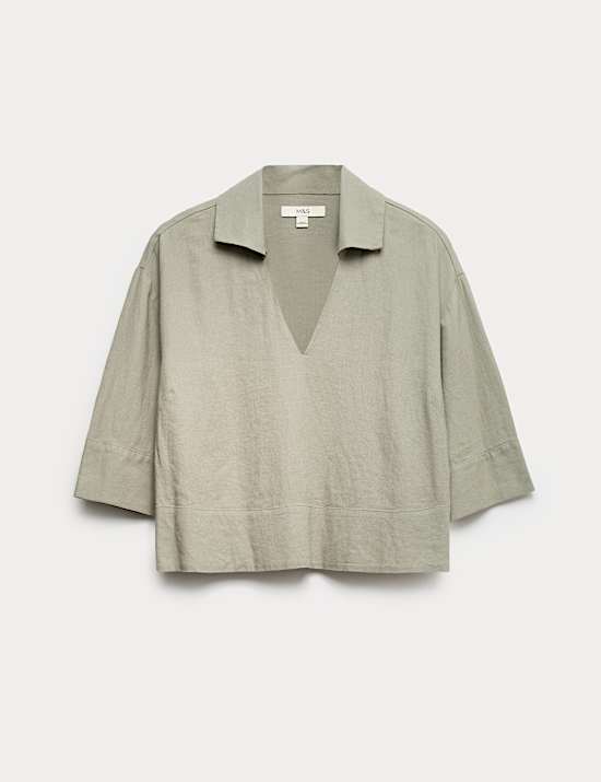 Linen Rich Collared Crop Top
