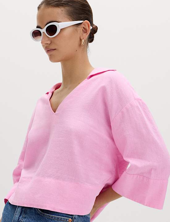 Linen Rich Collared Crop Top