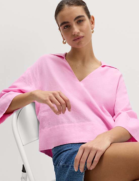 Linen Rich Collared Crop Top