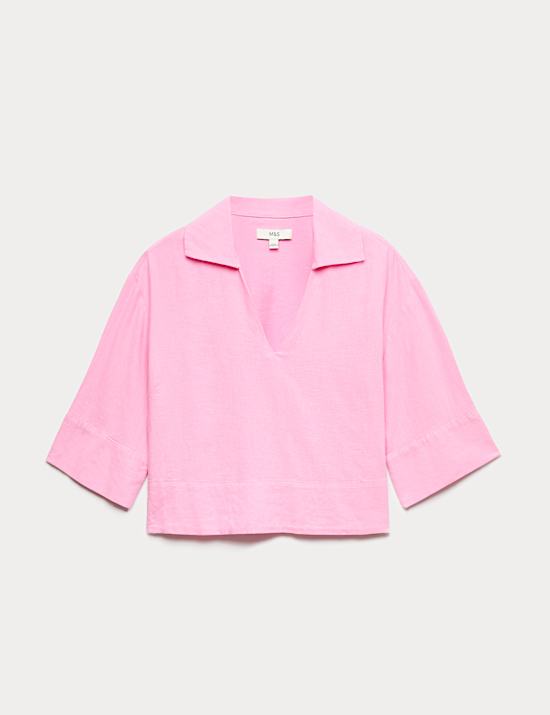 Linen Rich Collared Crop Top