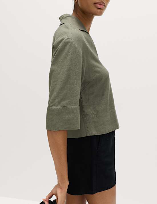 Linen Rich Collared Popover Crop Top