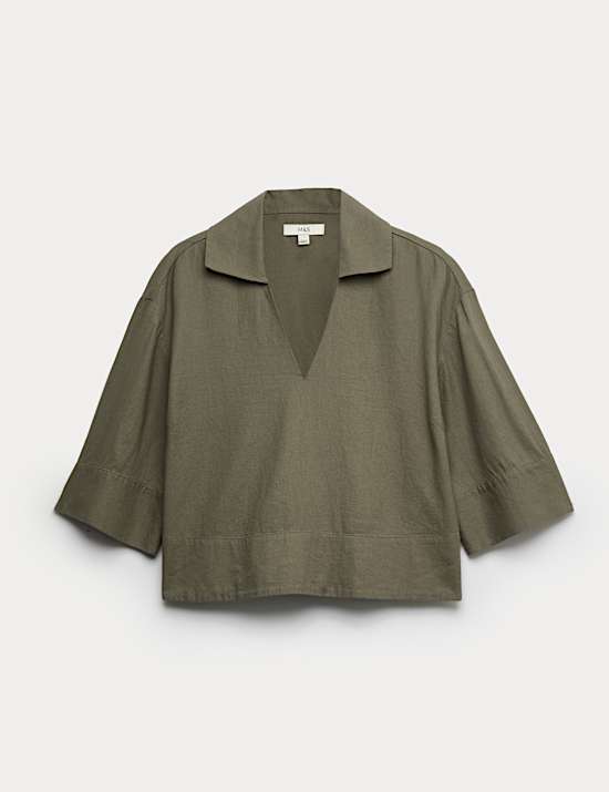Linen Rich Collared Popover Crop Top