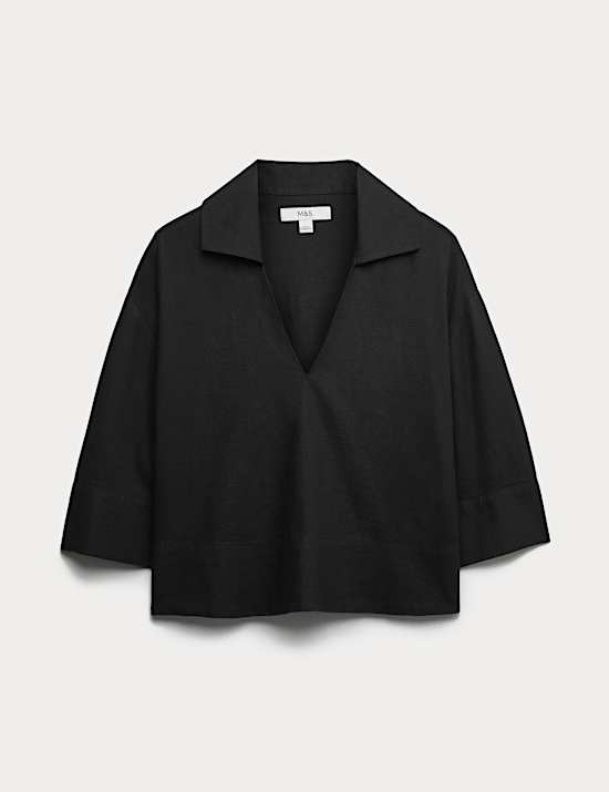 Linen Rich Collared Crop Top