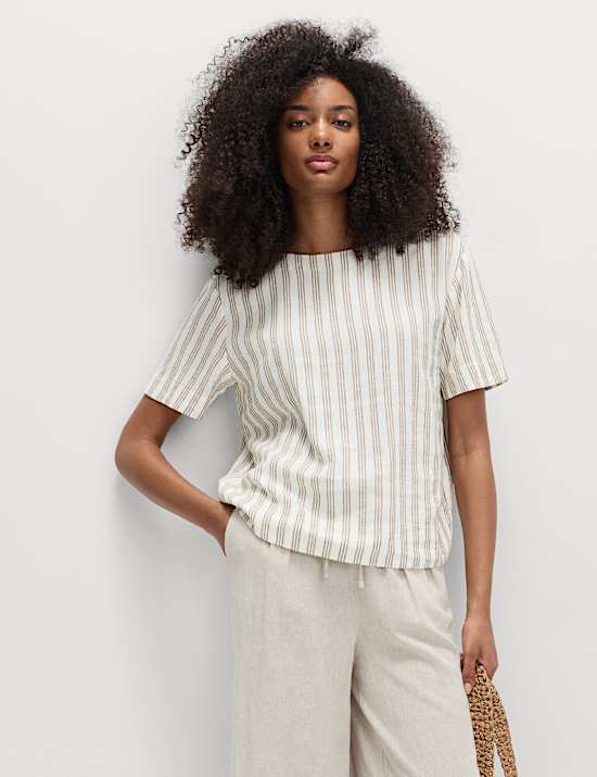 Linen Rich Striped Relaxed T-Shirt