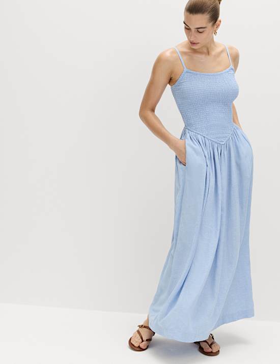 Linen Rich Shirred Midi Dress