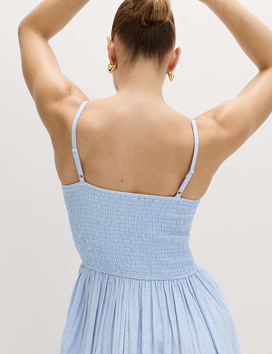 Linen Rich Shirred Midi Dress