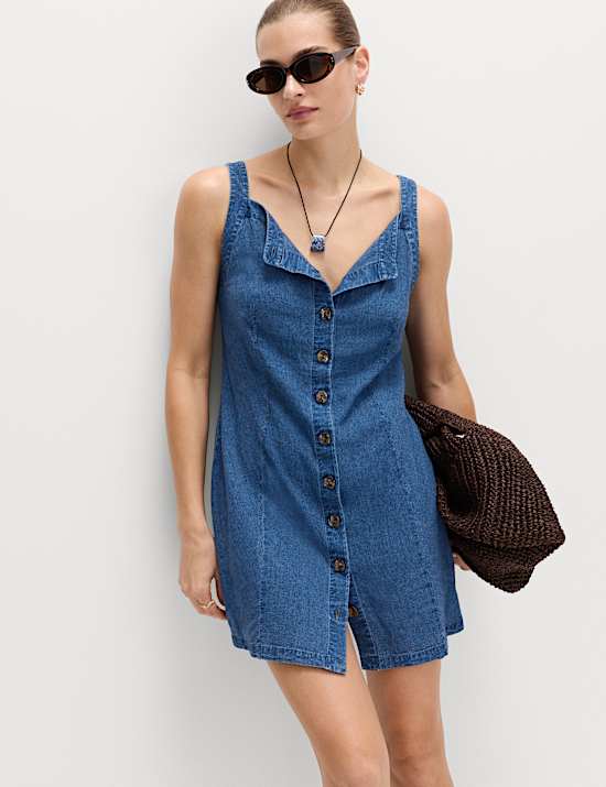 Linen Rich Square Neck Button Through Mini Shift Dress