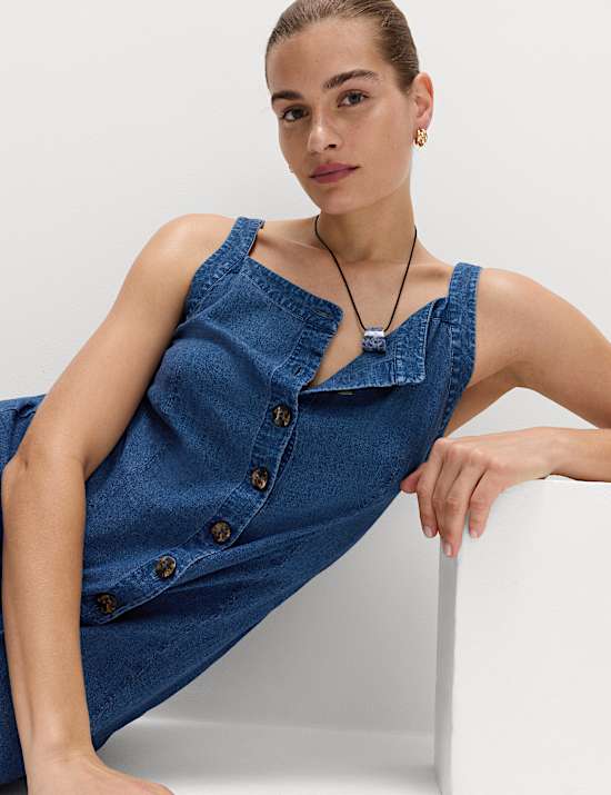 Linen Rich Square Neck Button Through Mini Shift Dress