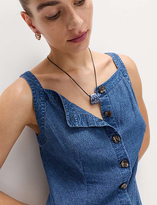 Linen Rich Square Neck Button Through Mini Shift Dress