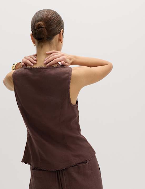 Linen Rich Lace Insert Button Detail Blouse