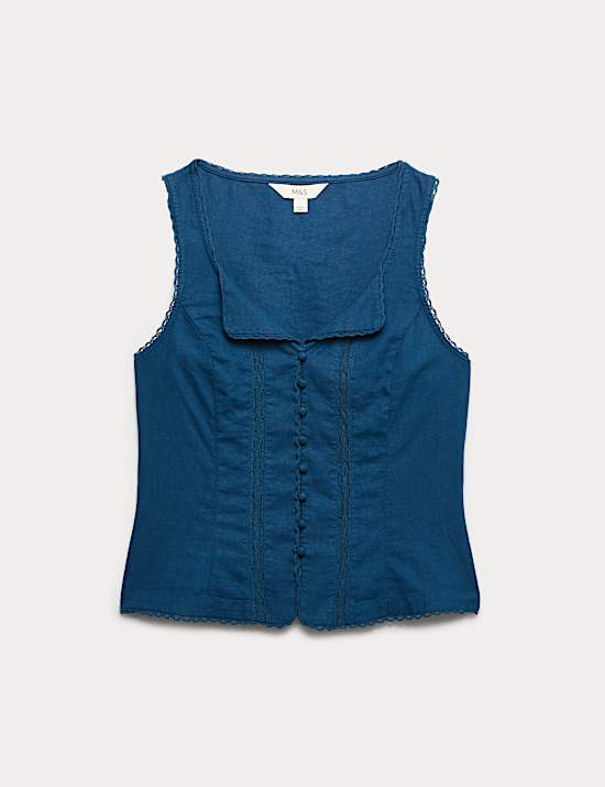 Linen Rich Lace Insert Button Detail Blouse