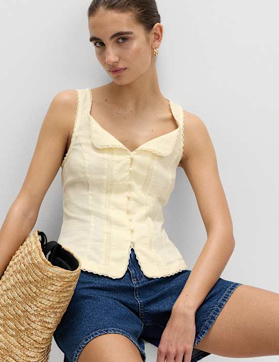 Linen Rich Lace Insert Button Detail Blouse