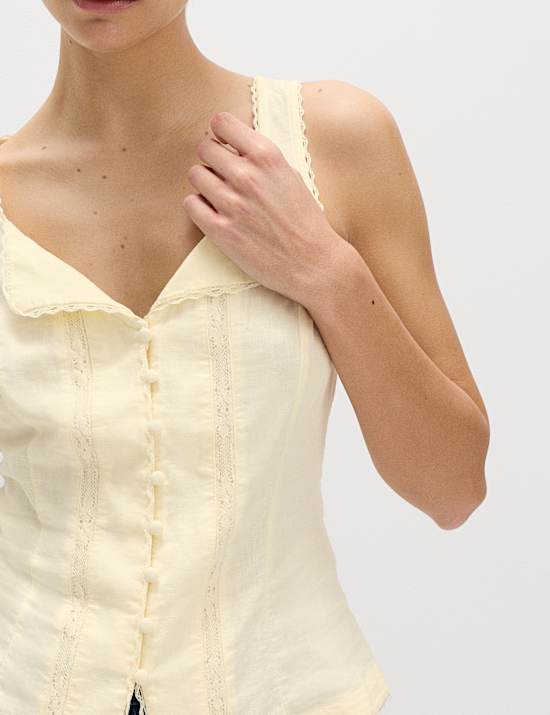 Linen Rich Lace Insert Button Detail Blouse
