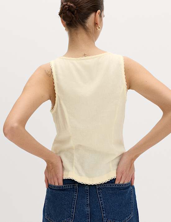 Linen Rich Lace Insert Button Detail Blouse