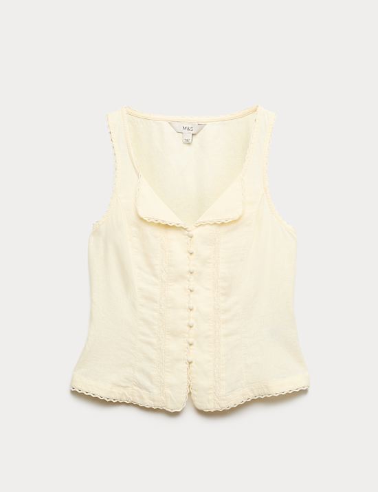 Linen Rich Lace Insert Button Detail Blouse