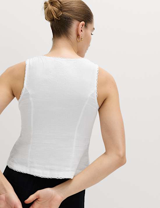 Linen Rich Lace Insert Button Detail Blouse