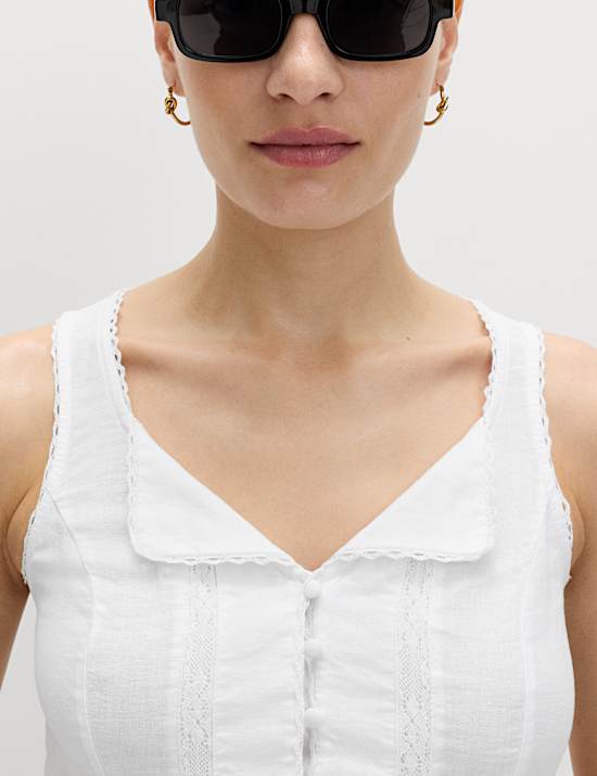 Linen Rich Lace Insert Button Detail Blouse