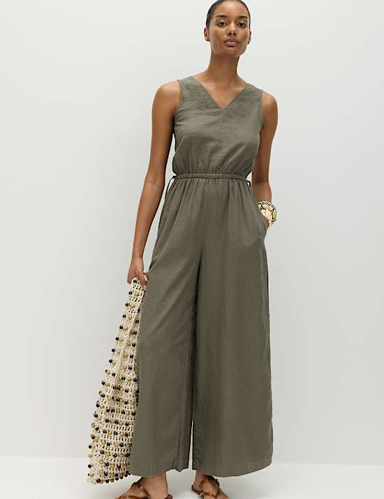 Linen Rich Tie Detail Sleeveless Jumpsuit