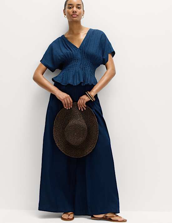 Linen Rich V-Neck Waisted Top