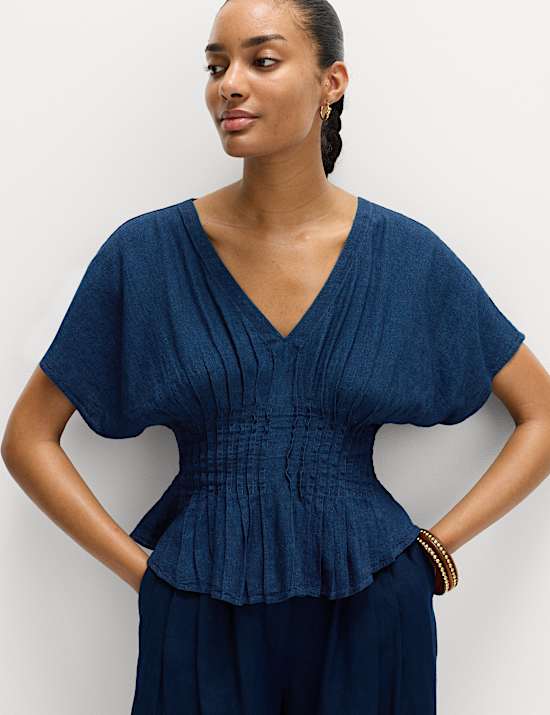 Linen Rich V-Neck Waisted Top