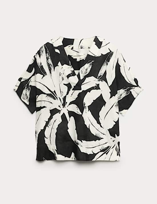 Pure Linen Printed V-Neck Popover Top