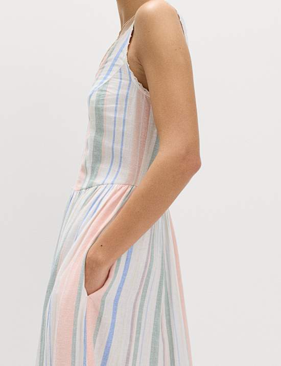 Robe tube midi en lin &agrave; bretelles et empi&egrave;cement en dentelle