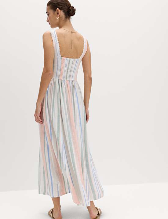 Robe tube midi en lin &agrave; bretelles et empi&egrave;cement en dentelle