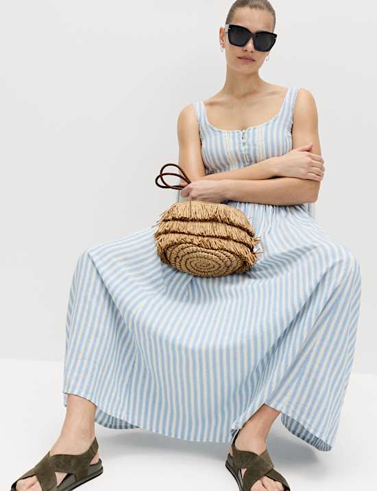 Linen Rich Lace Insert Strappy Midi Shift Dress