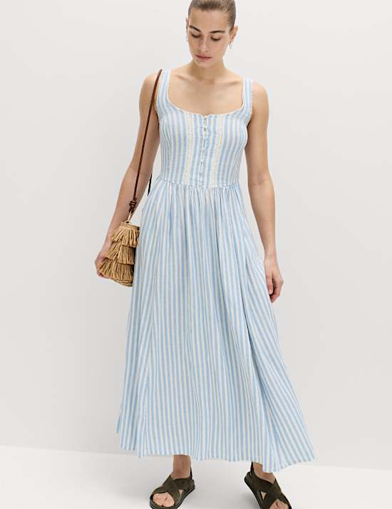 Linen Rich Lace Insert Strappy Midi Shift Dress