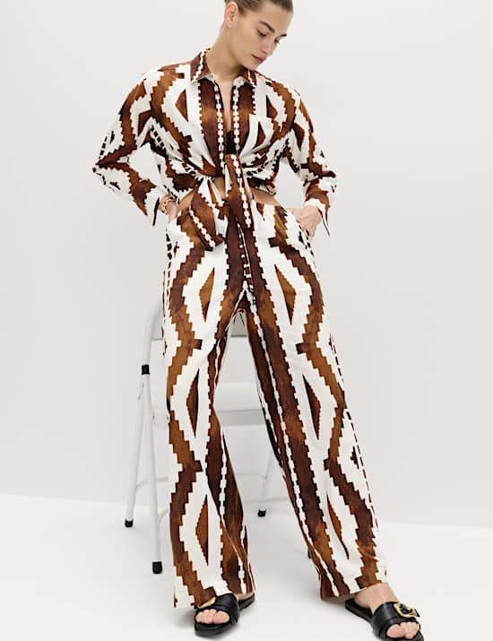 Linen Rich Geometric Drawstring Beach Trousers