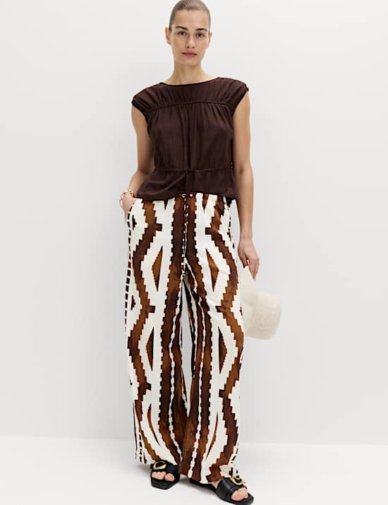 Linen Rich Geometric Drawstring Beach Trousers