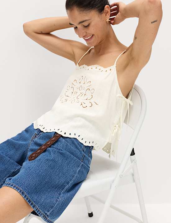 Broderie Tie Side Cami Top with Linen