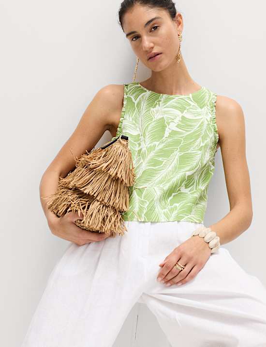 Linen Rich Leaf Print Vest Top