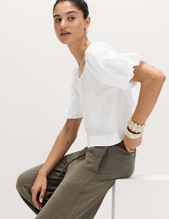 Linen Rich Pleated Puff Sleeve Top