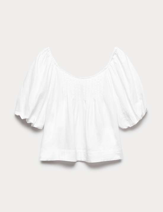Linen Rich Pleated Puff Sleeve Top