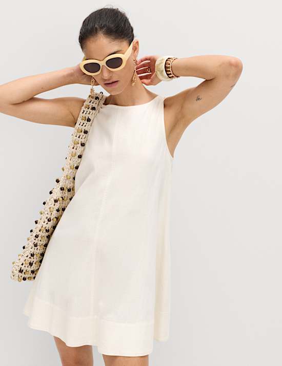 Linen Rich Scoop Neck Mini Swing Dress