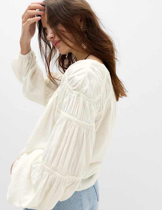Linen Blend Relaxed Shirred Top