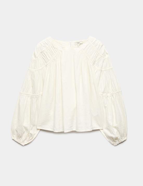 Linen Blend Relaxed Shirred Top