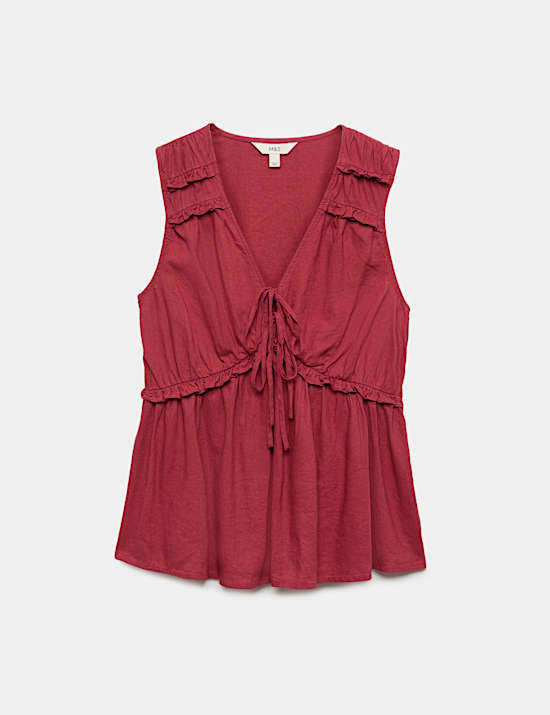 Linen Rich V-Neck Tie Detail Top