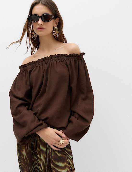 Linen Rich Volume Bardot Blouse