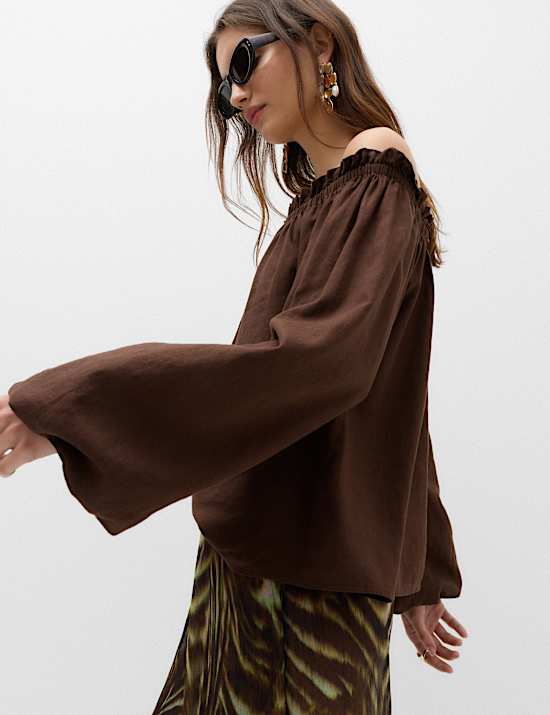 Linen Rich Volume Bardot Blouse