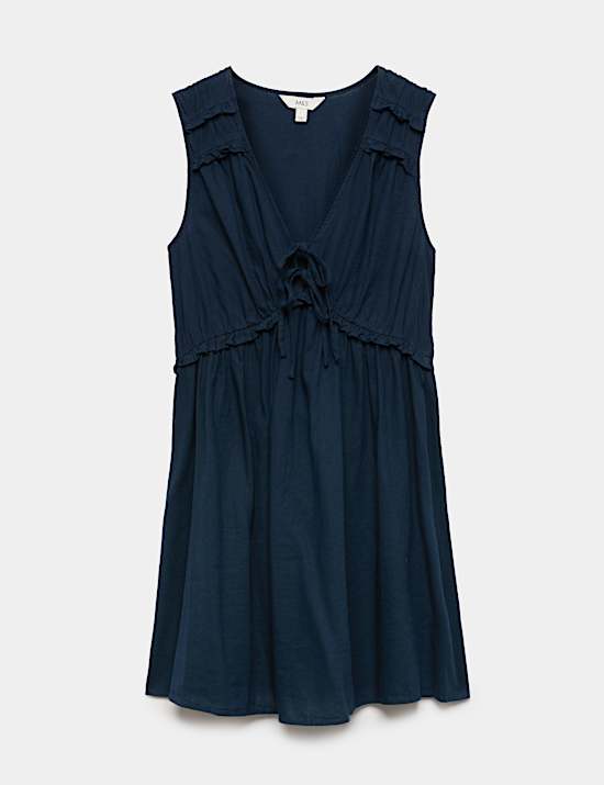 Linen Blend V-Neck Tie Detail Mini Dress