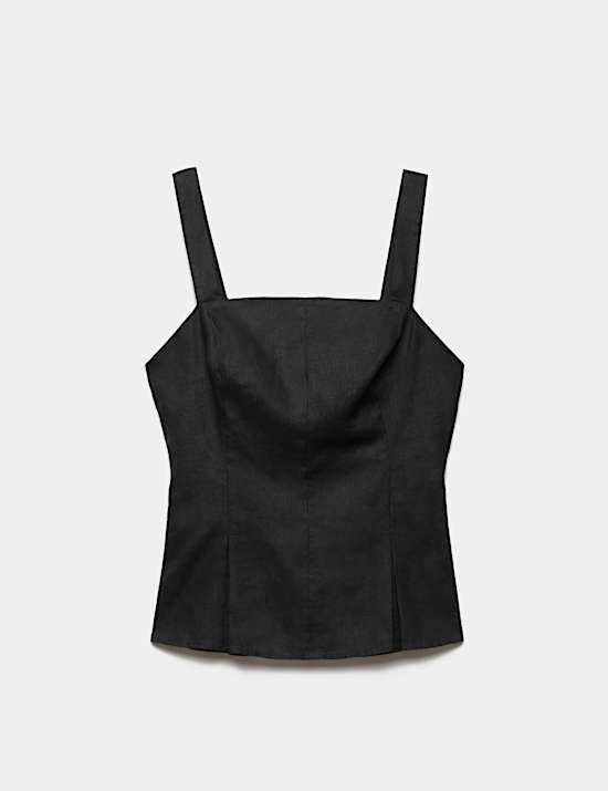 Pure Linen Square Neck Panelled Peplum Top