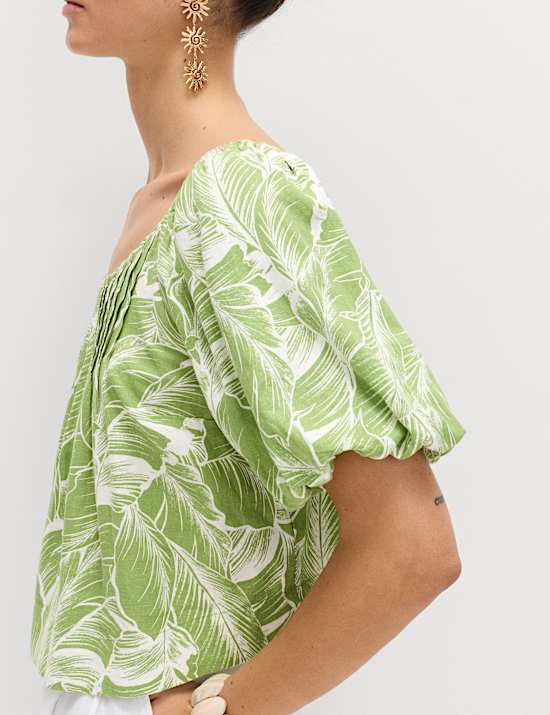 Linen Rich Pleated Puff Sleeve Top