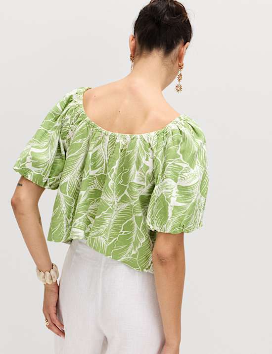 Linen Rich Pleated Puff Sleeve Top