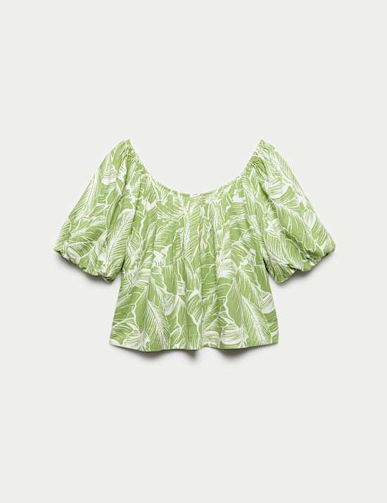 Linen Rich Pleated Puff Sleeve Top