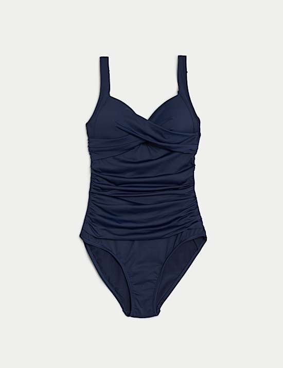Maillot de bain ampliforme, plongeant &agrave; motif ruch&eacute;, effet ventre plat 360