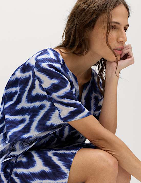 Gemusterter Mini-Kaftan aus reiner Baumwolle mit V-Ausschnitt