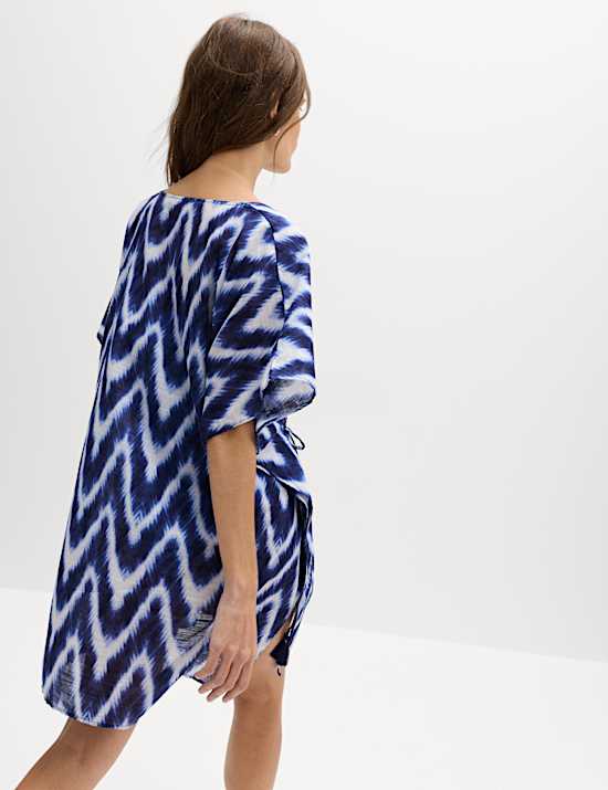 Gemusterter Mini-Kaftan aus reiner Baumwolle mit V-Ausschnitt