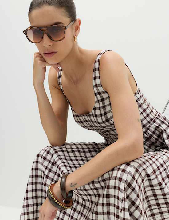 Linen Rich Printed Scoop Neck Corset Dress